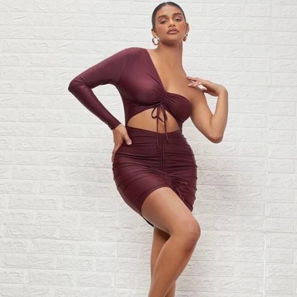 Go All-In One Shoulder Ruched Drawstring Bodycon Dress - Picture 3 of 3